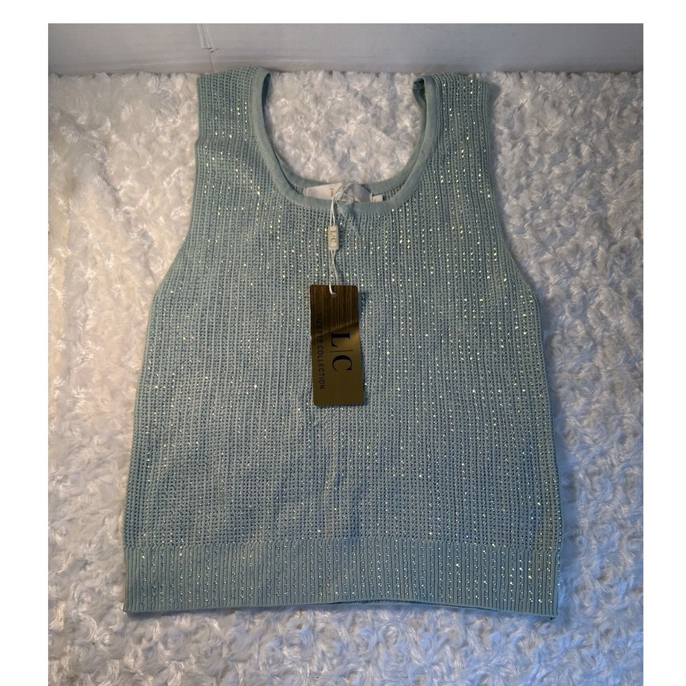 Lizette Collection Beaded Knit Sleeveless Scoop Neck Top Light Blue Size L